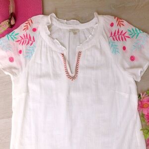 Talbots White Cotton Gauzy Floral Hot Pink Embroidered Top